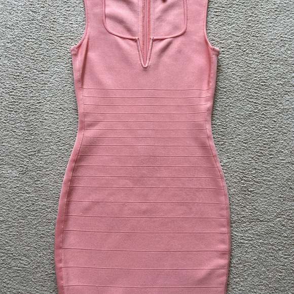 MARCIANO LA Salmon Pink BodyCon BANDAGE Short DRESS Sleeveless Square Neck Sz M - Picture 3 of 16